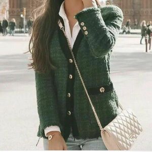 Zara Green tweed contrast trims hood buttons blazer